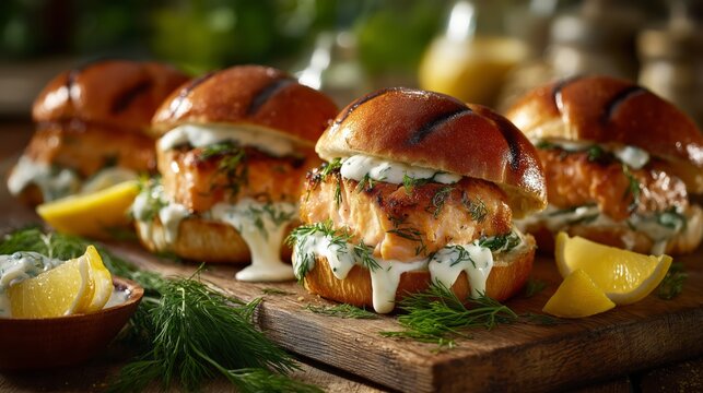 Gourmet salmon burger scene with four golden seared patties in toasted brioche buns, rich textures and fresh ingredients create an appetizing, premium food presentation