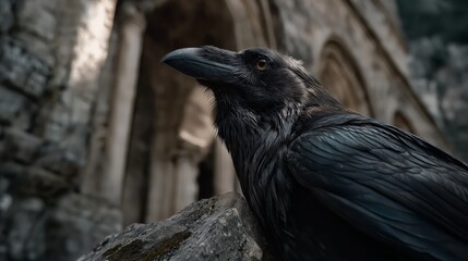 Obraz premium Black raven with glossy feathers and a glowing amber eye perched on a broken ancient stone column, dark atmospheric scene with mystical, gothic and cinematic mood