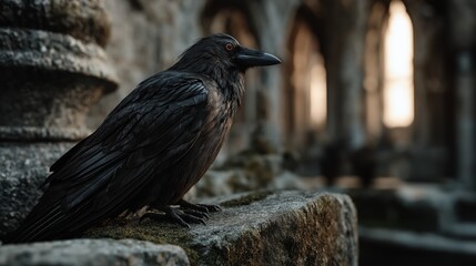 Obraz premium Black raven with glossy feathers and a glowing amber eye perched on a broken ancient stone column, dark atmospheric scene with mystical, gothic and cinematic mood