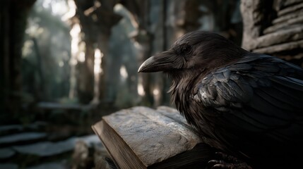 Obraz premium Black raven with glossy feathers and a glowing amber eye perched on a broken ancient stone column, dark atmospheric scene with mystical, gothic and cinematic mood