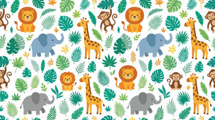 Obraz premium Nursery Flat Cartoon Seamless Pattern with Adorable Safari Animals and Jungle Leaves