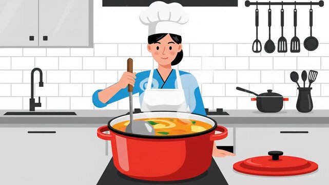 A charming 2D vector animation of a professional female chef in a white toque and apron stirring a large red pot of steaming hot soup in a restaurant kitchen. Ideal for recipe blogs, cooking tutorials