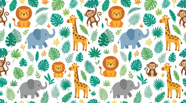 Nursery Flat Cartoon Seamless Pattern with Adorable Safari Animals and Jungle Leaves