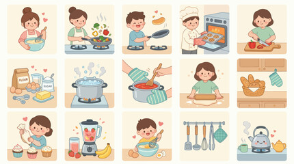 Fototapeta premium Cute Kids Cooking and Baking in Kitchen, Flat Illustration