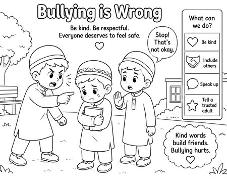 Anti-Bullying Educational Coloring Page for Muslim Kids: Be Kind and Respectful Islamic Poster