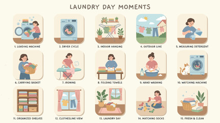 Fototapeta premium Laundry Day Moments Vector Illustration Flat Art Style