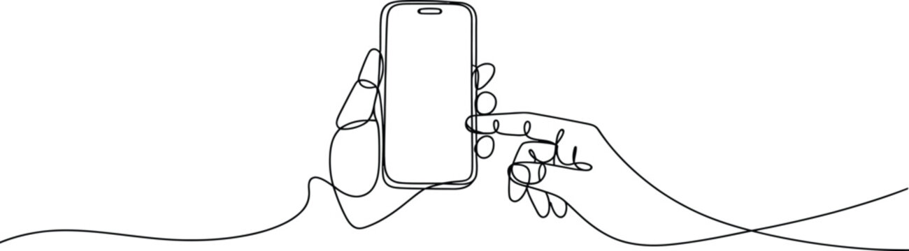 Continuous line drawing of person holding mobile phone and interacting with screen for digital usage.