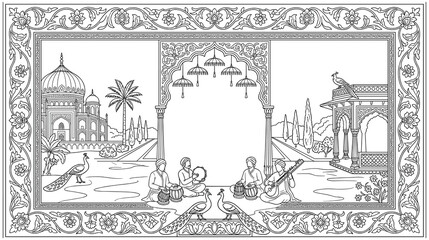 Indian palace scene with musicians peacocks and ornate floral border. © NAZMA