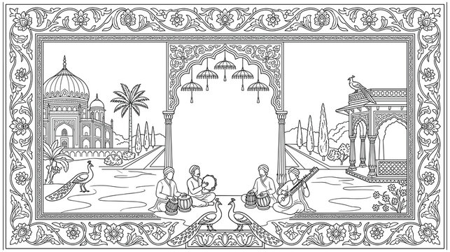 Indian palace scene with musicians peacocks and ornate floral border.