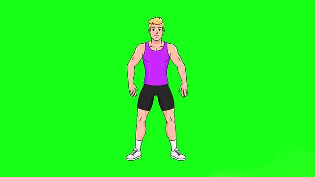 A 2D animated loop of a muscular male fitness trainer in a purple tank top and shorts doing jumping jacks and working out against a solid green screen backdrop. Perfect for workout tutorials, health a