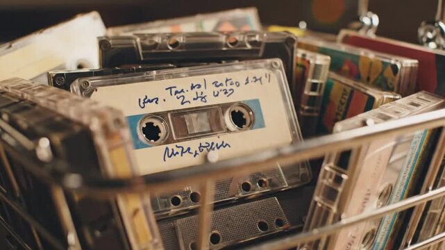Retro Cassette Tape Collection in Basket Nostalgia, Music, Vintage Audio Storage