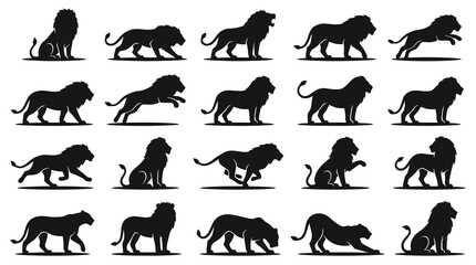 Fototapeta premium Black White Lion Silhouettes, Majestic Animal Vector Art