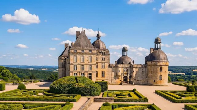 French chateau with domed towers and formal gardens under blue sky