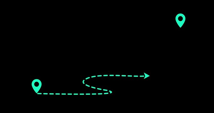 Animated two location point connections on a dashed line with lines arrow direction on a black background. Two location a pin icon loading animation
