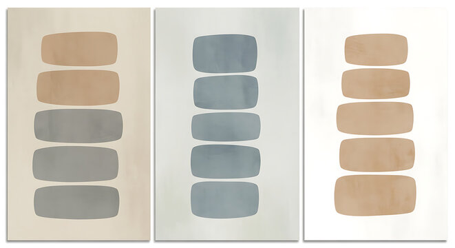 Triptych art with abstract shapes in neutral beige, gray, and blue tones