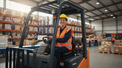 Fototapeta premium Smiling female warehouse worker driving forklift in distribution center. Logistics professional operating machinery near stocked shelves