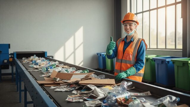 Female recycling worker giving thumbs up at sorting facility. Professional woman in hard hat and safety vest near conveyor belt. Environmental sustainability concept