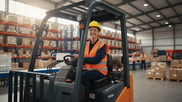 Smiling female warehouse worker driving forklift in distribution center. Logistics professional operating machinery near stocked shelves