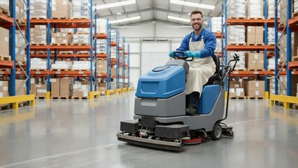 Naklejka premium Smiling male worker driving floor scrubber machine in warehouse. Industrial cleaner operating cleaning equipment in logistics center