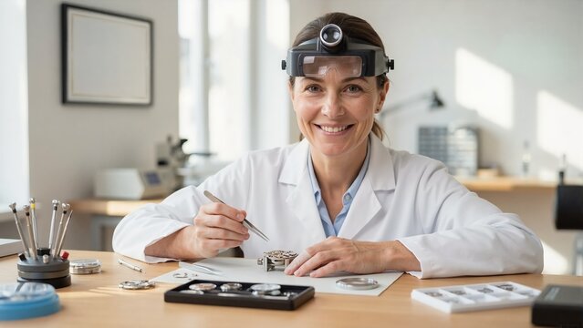 Smiling female watchmaker repairing mechanical movement with tweezers. Professional woman in white lab coat with magnifying loupe in workshop. Horology and precision craftsmanship concept
