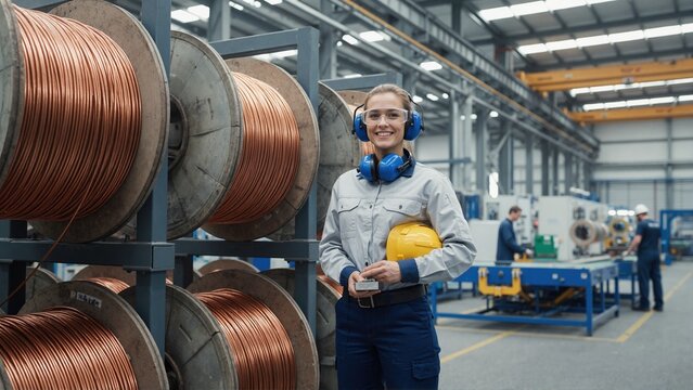 Female industrial worker holding hard hat in factory. Professional woman technician standing near copper wire reels. Manufacturing plant employee in safety gear