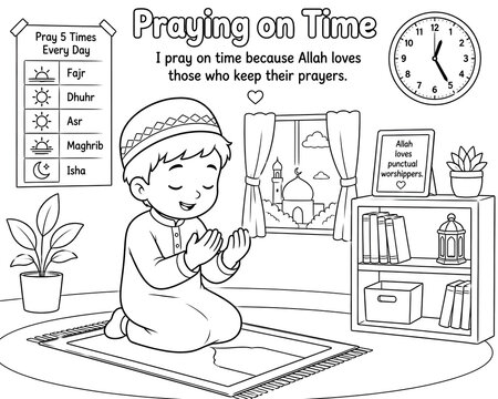 Praying on Time Islamic Educational Coloring Page - Muslim Boy Praying Salah Cartoon Poster for Kids