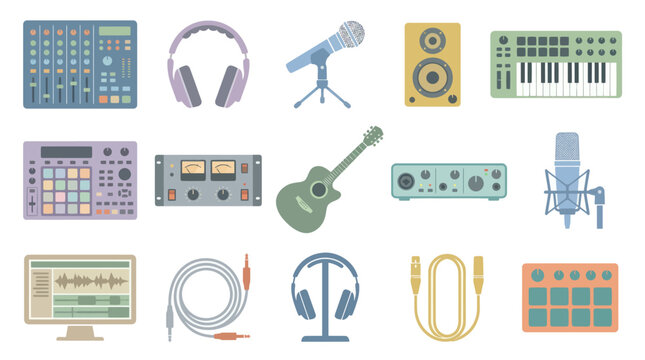 Flat Design Music Production Studio Equipment Vector Icons Collection for Audio Engineering