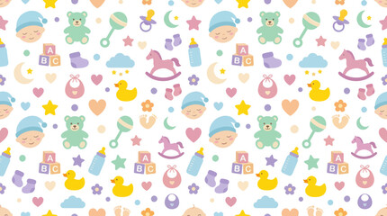 Obraz premium Cute Baby Shower Seamless Pattern with Toys, Bears, and Ducks - Vector Art