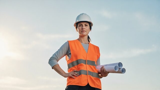 Female engineer in hard hat and safety vest holding blueprints. Professional woman architect at construction site. Leadership and planning concept