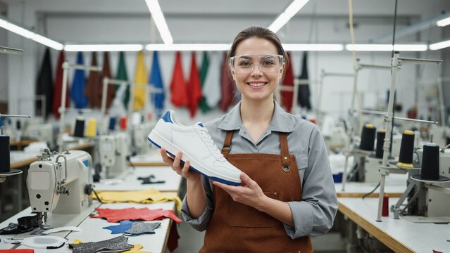 Professional woman holding white sneaker in shoe factory. Female worker in leather apron and safety glasses at footwear manufacturing facility. Quality control and craftsmanship concept