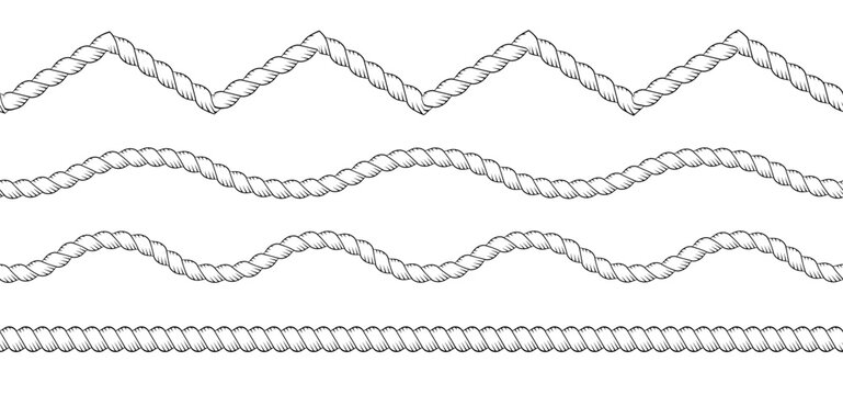 Rope brush pattern with nautical or western cord border and decorative wavy and zig zag lines. Set of seamless marine cable elements for sailor design. Vector vintage sailor braid for framesAC