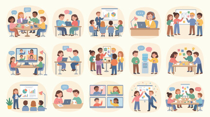 Naklejka premium Diverse people in business meetings, teamwork, and online collaboration, flat design