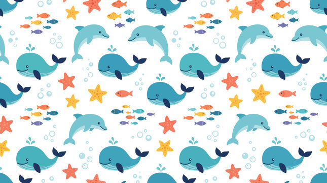 Cute Blue Whales and Dolphins Seamless Pattern, Kids Underwater Vector