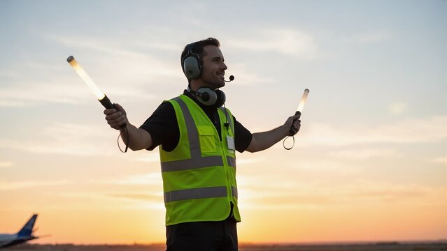 Airport ground crew member with signal wands on tarmac. Marshaller in high visibility vest guiding aircraft at sunset. Aviation safety and ground operations concept