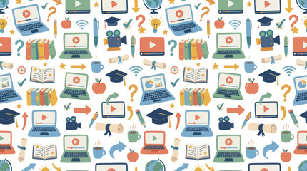 Fototapeta premium Online education pattern with laptops, books, graduation caps, and video icons