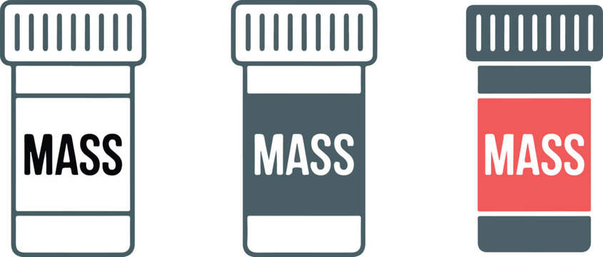 Minimalist pill bottle icon set labeled MASS in line solid and label styles pharmaceutical design on white