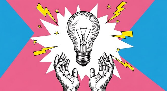 Creative Idea Light Bulb Bursting with Energy and Hands Reaching Up.