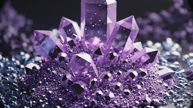 Vibrant Purple Amethyst Crystal Cluster on Dark Textured Background, Macro