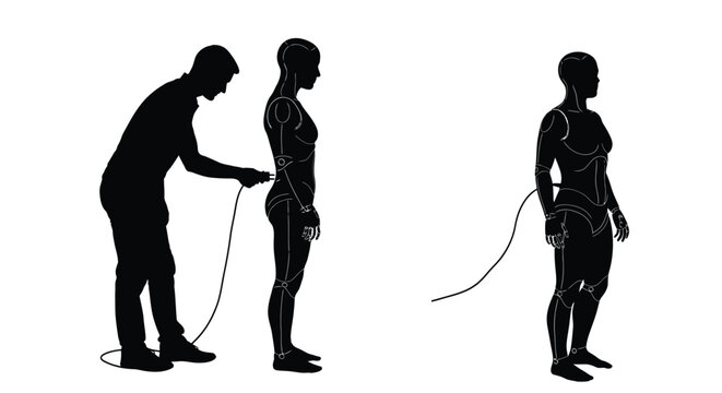 Silhouette illustration of a person plugging a cord into a female robot figure in a design concept