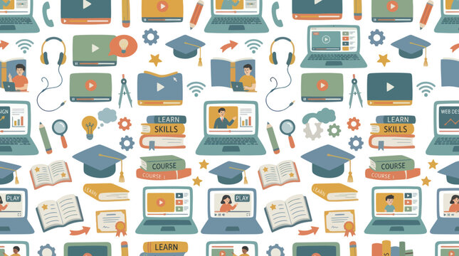 Online Education Flat Seamless Pattern with Laptops, Books, and Academic Learning Symbols