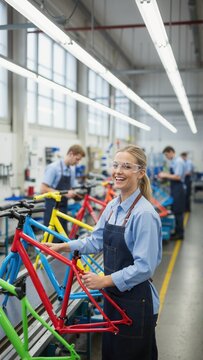 Smiling female worker assembling bicycle frame on factory production line. Vertical portrait of happy young woman in workshop. Manufacturing industry and skilled labor concept