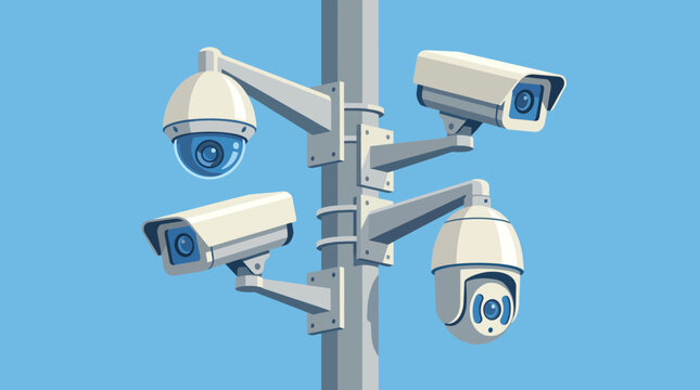 This illustration shows multiple modern security cameras on a pole, symbolizing surveillance technology's role in safety and security in contemporary urban environments.