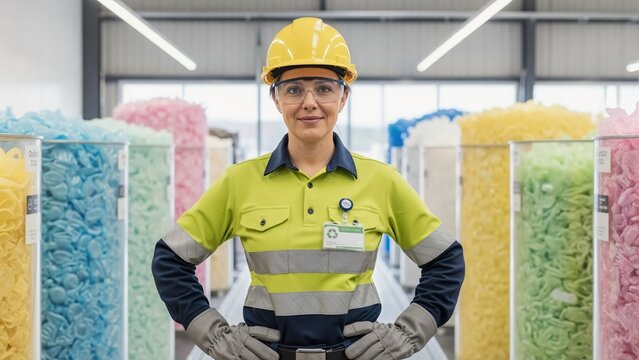 Confident female industrial worker in hard hat and safety gear posing in modern factory. Professional engineer at recycling plant. Sustainable manufacturing and circular economy concept