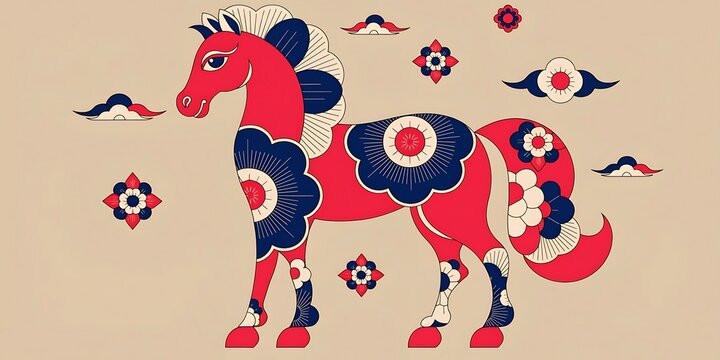 Stylized red and blue patterned horse illustration surrounded by decorative elements on a beige background folk art design animal art graphic design illustration decorative traditional