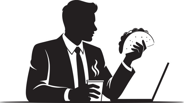 Man in suit holding taco and coffee cup in front of laptop illustration with fast food hot drink