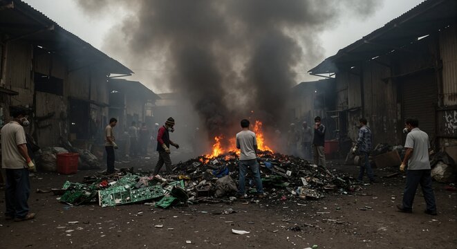 Workers burning pile of electronic e-waste in polluted industrial area. Thick black smoke rises from fire of computer parts. Hazardous labor and environmental pollution concept