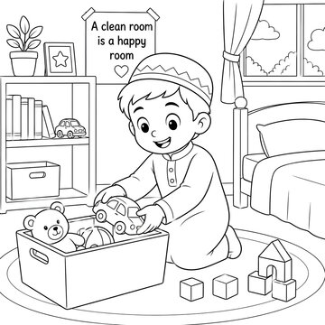 Muslim Boy Cleaning His Room and Organizing Toys - Islamic Educational Coloring Page for Kids