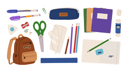 Flat vector set with school supplies, backpack, notebooks, pencil case, scissors, colored pencils, ruler, eraser, glue, back to school © tanyabosyk