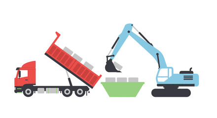 Construction excavator loading materials into dump truck © Fitra