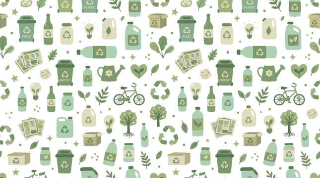 Recycling Waste Management Seamless Pattern. Flat Vector Eco-Friendly Sustainability Background.